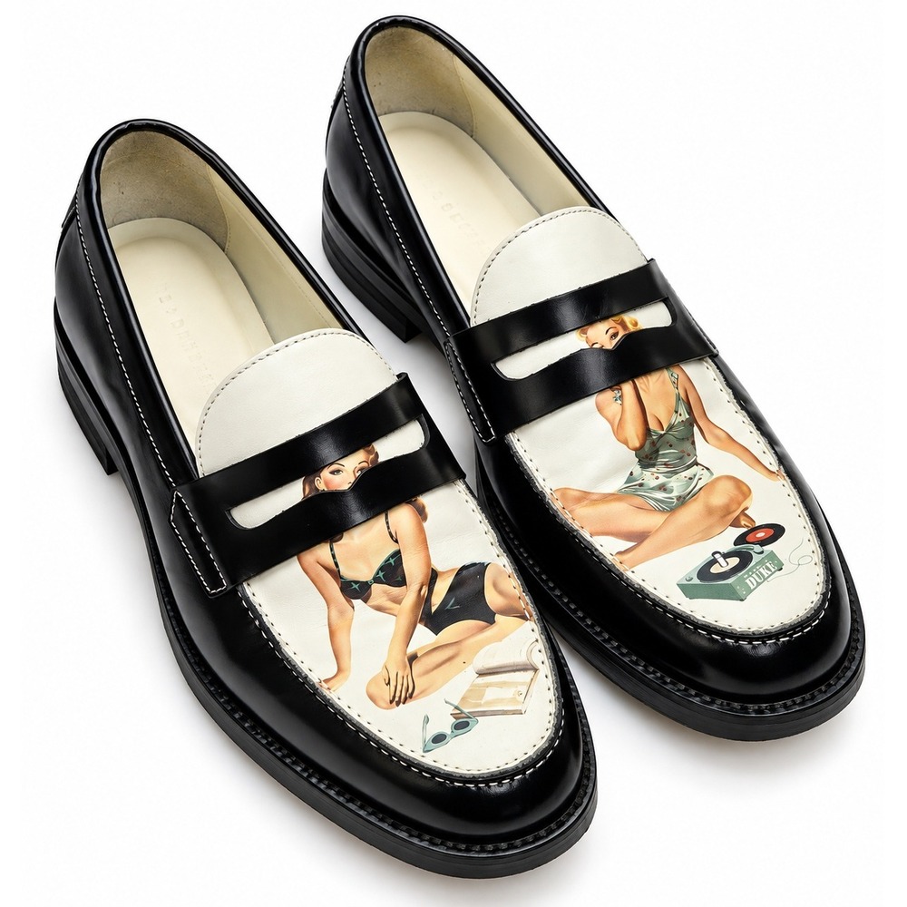 Duke + Dexter Wilde Pin Up Penny Loafers Men's Size 9 Black Leather Graphic